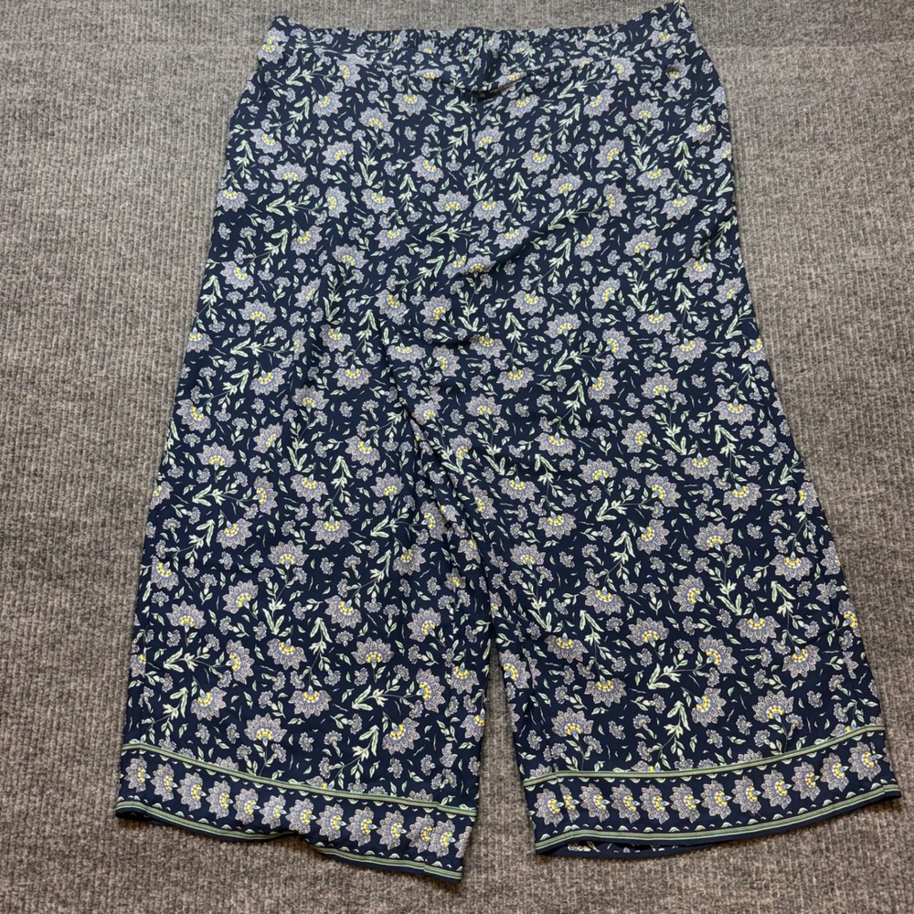 Womens 3X Blue Floral Culottes Wide Leg Crop Pants Elastic Waist Pockets